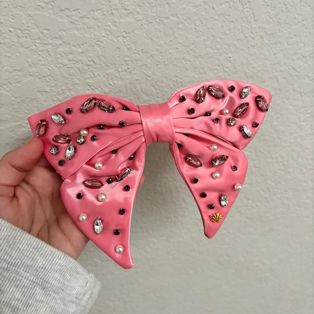 Lele Sadoughi / Crystal Cluster Satin Bow Barrette Rose Pink